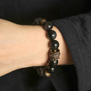 Buddha Stones Black Obsidian Ebony Wood Copper Strength Couple Bracelet Bracelet BS 3