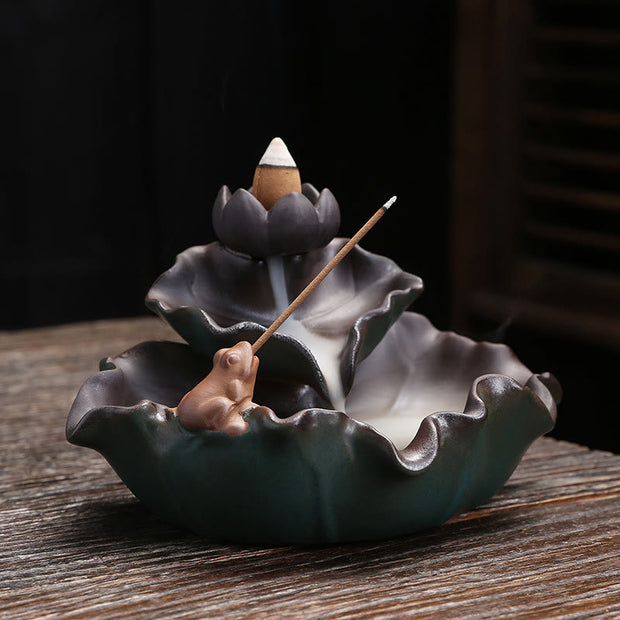 Buddha Stones Lotus Flower Leaf Frog Butterfly Pattern Healing Ceramic Incense Burner Decoration