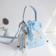 Buddha Stones Handmade Embroidered Flowers Canvas Tote Shoulder Bag Handbag Bag BS Blue White Peach Blossom