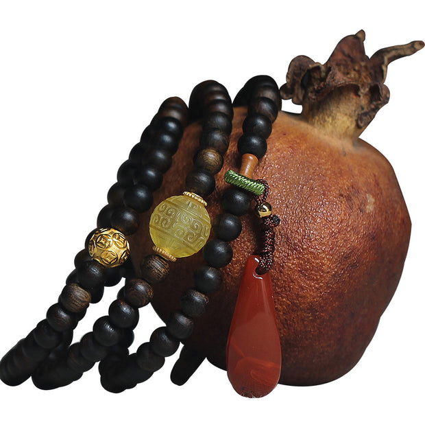 Buddha Stones 999 Gold Nha Trang Heiqinan Agarwood Amber Red Agate Strength Meditation Bracelet Bracelet BS 16