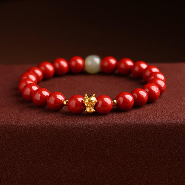 Buddha Stones 999 Gold Year of the Dragon Natural Cinnabar Jade Copper Coin Fu Character Blessing Bracelet Bracelet BS 8mm Red Cinnabar(Wrist Circumference 14-16cm) Dragon Fu Character
