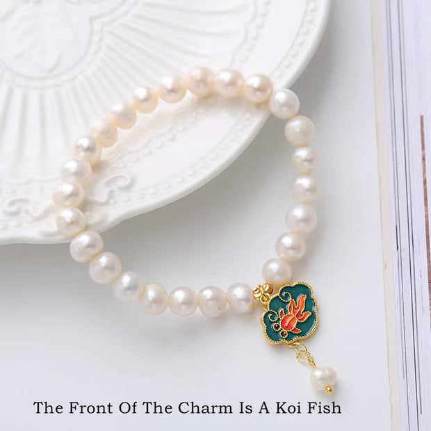 Buddha Stones Natural Pearl Lotus Koi Fish Goldfish Optimism Charm Bracelet Bracelet BS 1