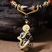 Buddha Stones Handmade Buddha Snake Skull Head Dzi Bead Serenity Rope Necklace Pendant