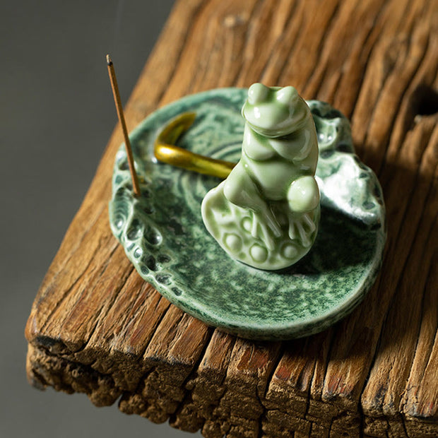 Buddha Stones Leaf Meditation Frog Pattern Healing Ceramic Incense Burner Decoration Incense Burner BS 16
