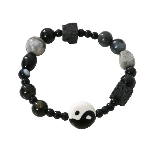 Buddha Stones Black Onyx Picasso Jasper Bead Yin Yang Fortune Protection Bracelet Bracelet BS 16