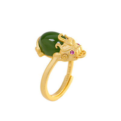 Buddha Stones 18k Gold-plated Pixiu Jade Wealth Ring Rings BS Green Jade