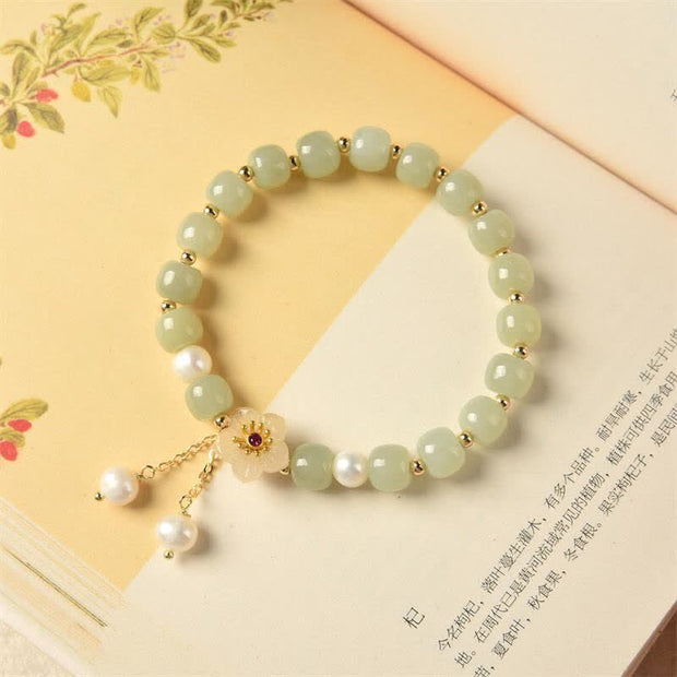 Buddha Stones Hetian Jade Flower Pearl Happiness Abundance Bracelet Bracelet BS 5