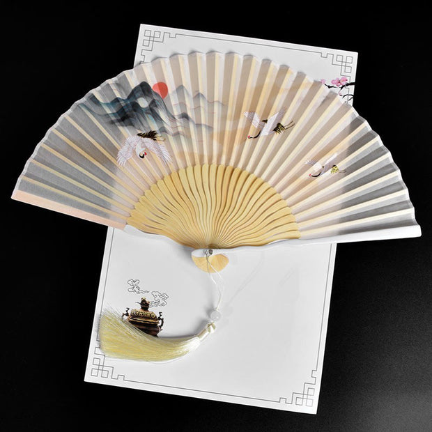 Buddha Stones Vintage Cloud Crane Pattern Handheld Silk Bamboo Folding Fan