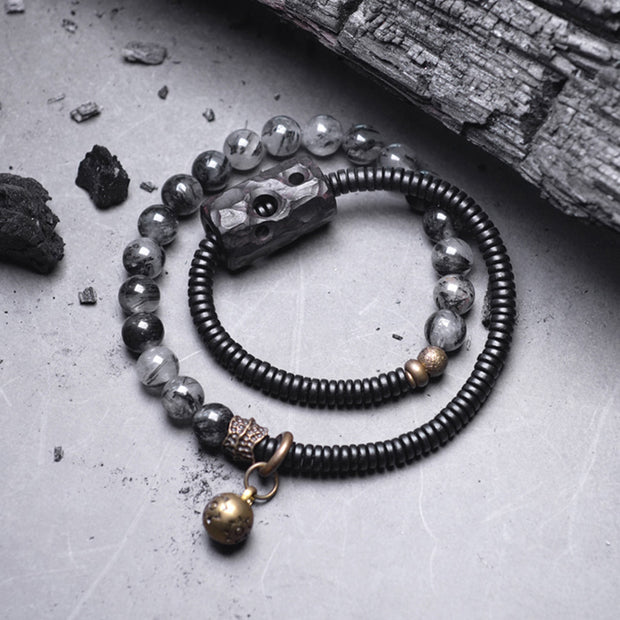 Buddha Stones Black Rutilated Quartz Ebony Wood Copper Wisdom Couple Bracelet Bracelet BS 4