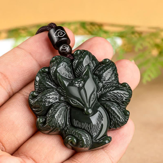 Buddha Stones Hetian Cyan Jade Nine Tailed Fox Luck Necklace String Pendant Necklaces & Pendants BS 3