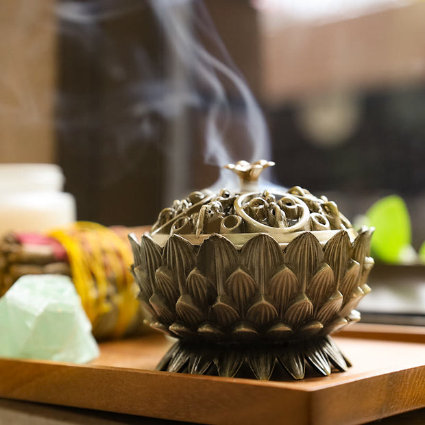 Buddha Stones Tibetan Lotus Shaped Purify Incense Burner Incense Burner BS Bronze