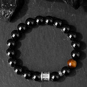 Buddha Stones 999 Sterling Silver Black Obsidian Tiger Eye Om Mani Padme Hum Fulfillment Bracelet Bracelet BS 1