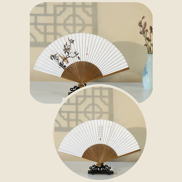 Buddha Stones Bird Flowers Orchid Handheld Paper Bamboo Folding Fan