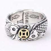 Buddha Stones Retro Carp Koi Fish Copper Coin Success Wealth Ring