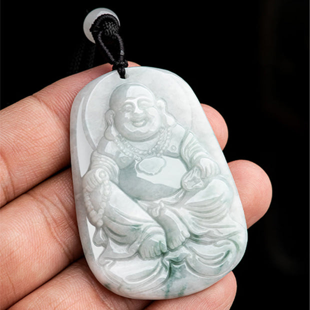 Buddha Stones Natural Jade Laughing Buddha Maitreya Buddha Luck String Necklace Pendant Necklaces & Pendants BS 4