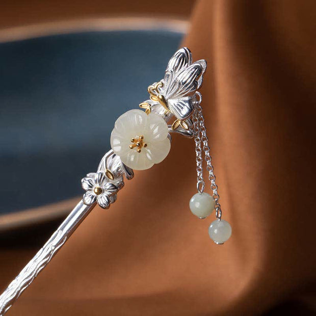 Buddha Stones 925 Sterling Silver Hetian White Jade Flower Blessing Hairpin Decorations BS 11