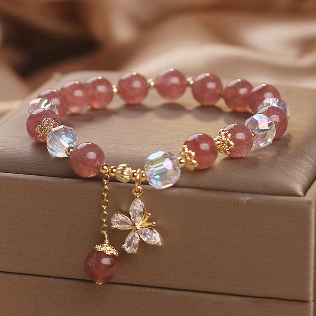 Buddha Stones Natural Strawberry Quartz Love Healing Butterfly Charm Bracelet Bracelet BS 6