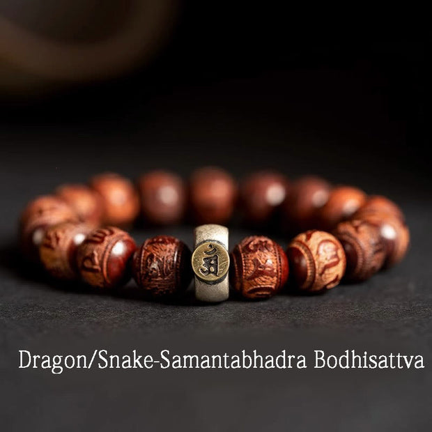 Buddha Stones Chinese Zodiac Natal Buddha Small Leaf Red Sandalwood Om Mani Padme Hum Protection Bracelet
