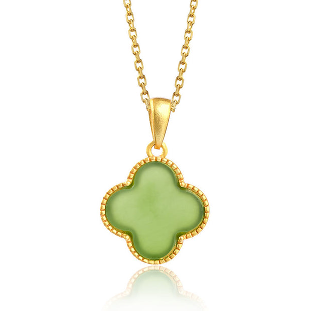 Buddha Stones 925 Sterling Silver Natural Hetian Jade Luck Four Leaf Clover Necklace Pendant Necklaces & Pendants BS 4