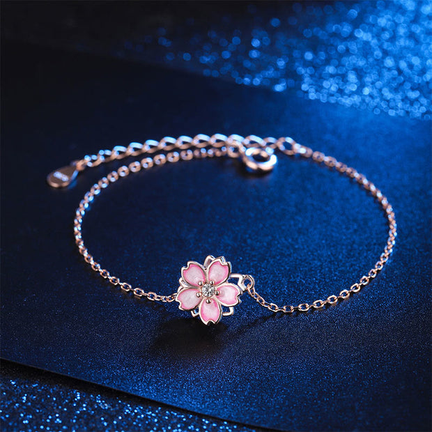 Buddha Stones 925 Sterling Silver Cherry Blossom Blessing Chain Bracelet Rotatable Ring