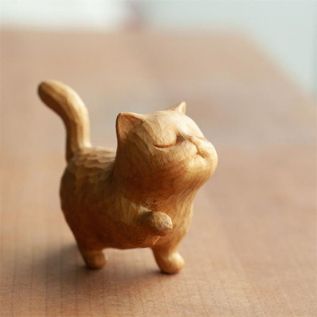 Buddha Stones Mini Thuja Sutchuenensis Boxwood Cute Cat Kitten Carved Prosperity Decoration Decorations BS 9