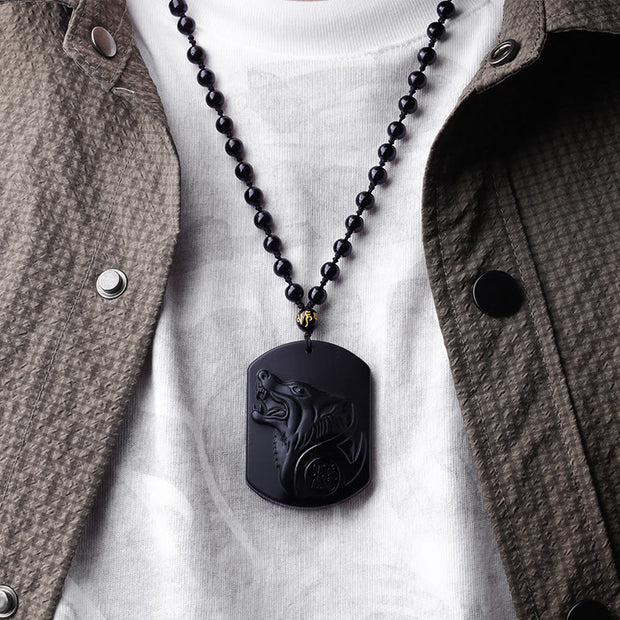 Buddha Stones Black Obsidian Stone Wolf Purification Pendant Necklace Necklaces & Pendants BS 4