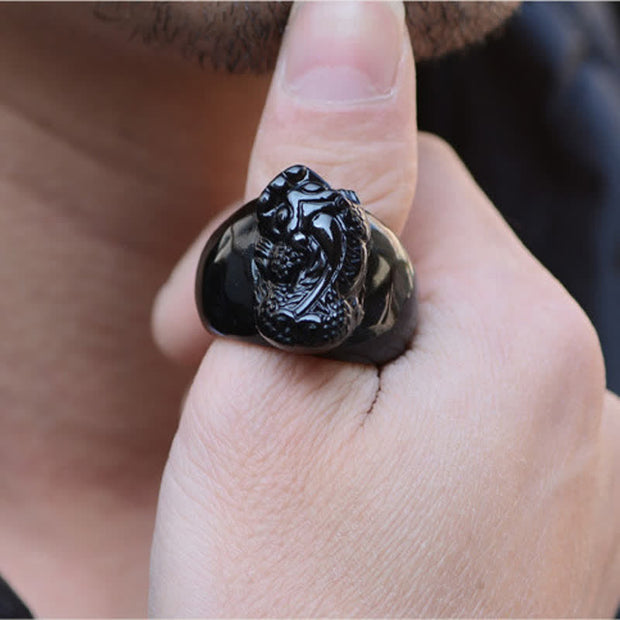 Buddha Stones FengShui PiXiu Black Obsidian Strength Ring Ring BS 2