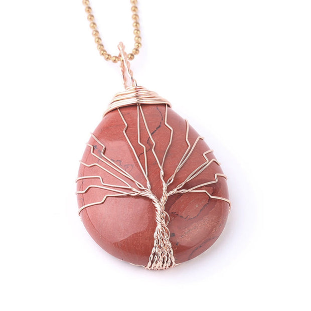 Buddha Stones Natural Quartz Crystal Tree Of Life Healing Energy Necklace Pendant Necklaces & Pendants BS Red Jasper Rose Gold Tree