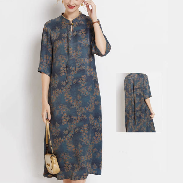 Buddha Stones Blue Flower Leaves Pattern Women's Mid Sleeve Cheongsam Dress