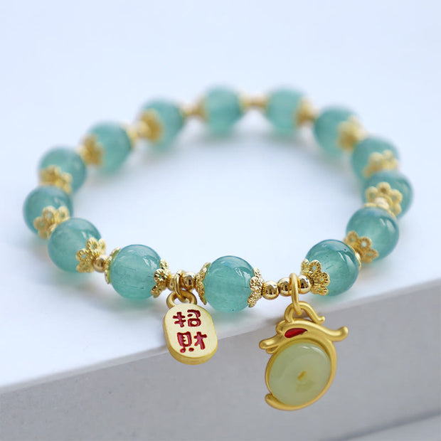 Buddha Stones Year of the Dragon Red Agate Green Aventurine Peace Buckle Fu Character Lucky Fortune Bracelet Bracelet BS Green Aventurine(Wrist Circumference 14-16cm)