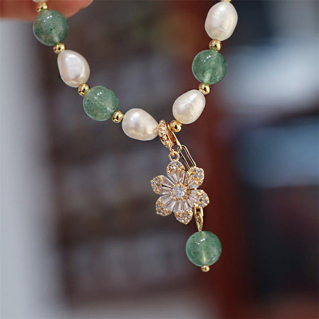 Buddha Stones Natural Green Strawberry Quartz Pearl Flower Charm Love Bracelet Bracelet BS 1