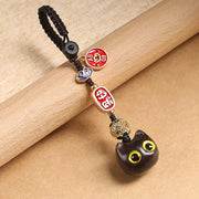 Buddha Stones Ebony Wood Lucky Cat Auspicious Cloud Peace Key Chain Phone Hanging Decoration Key Chain BS Yellow Eyes Cat Key Chain
