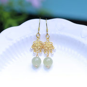 Buddha Stones Hetian Jade Flower Pattern 14K Gold Plated Luck Drop Dangle Earrings Earrings BS 3