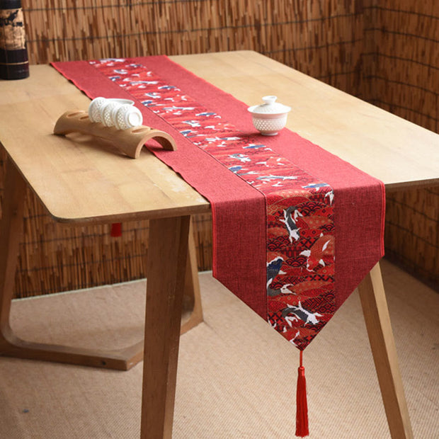 Buddha Stones Classic Chinese Style Lotus Koi Fish Flower Crane Calligraphy Enlightenment Cotton Linen Tassels Table Runner Table Runner BS 18