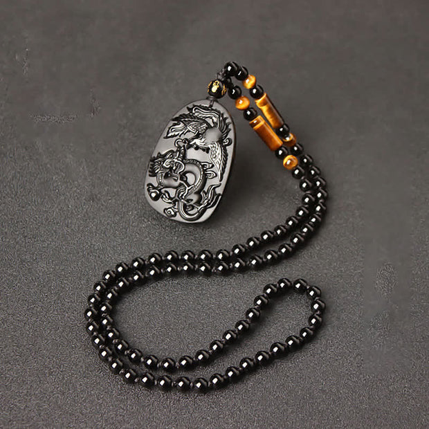 Buddha Stones Black Obsidian Tiger Eye Dragon Phoenix Protection Beaded Necklace Pendant Necklaces & Pendants BS 12