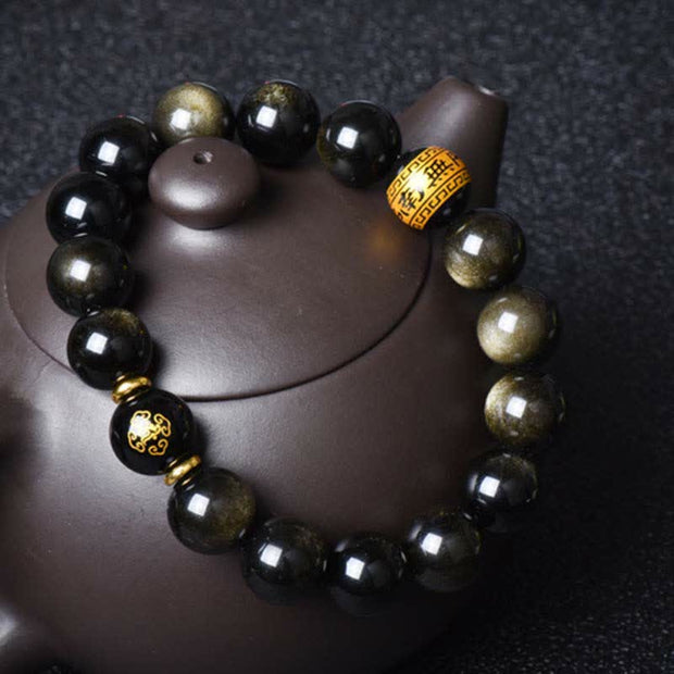 Buddha Stones Chinese Zodiac Natal Buddha Gold Sheen Obsidian Wealth Protection Bracelet Bracelet BS 23
