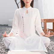Buddha Stones 2Pcs Lotus Pattern Tai Chi Meditation Yoga Cotton Linen Clothing Top Pants Women's Set Clothes BS White(Top&Pants) XXL