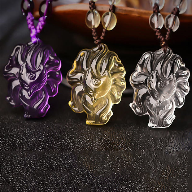 Buddha Stones Natural Amethyst White Crystal Citrine Nine Tailed Fox Luck Necklace Pendant Necklaces & Pendants BS 1