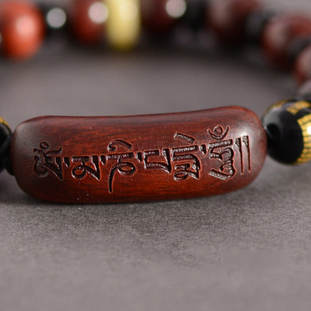Buddha Stones Small Leaf Red Sandalwood Om Mani Padme Hum Engraved Protection Bracelet