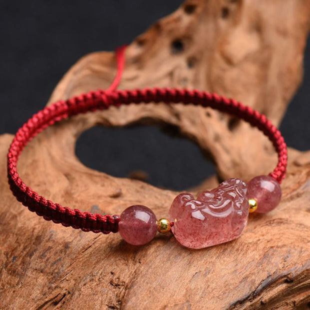 Buddha Stones Natural Strawberry Quartz PiXiu Lucky Red String Bracelet Bracelet BS 3