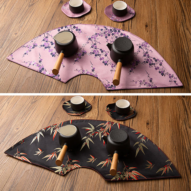 Buddha Stones Vintage Sea Wave Bamboo Plum Blossom Embroidered Cup Mat Pad Tea Cup Coaster Kung Fu Tea Mat
