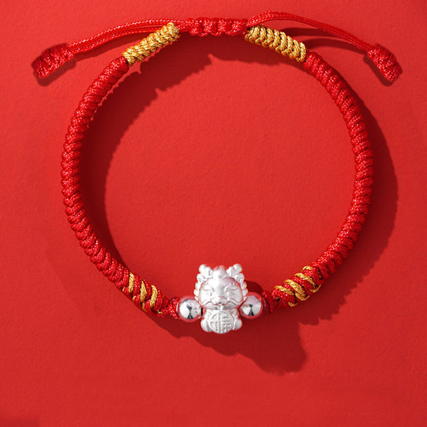 Buddha Stones 999 Sterling Silver Year of the Dragon Fu Character Attract Fortune Luck Handcrafted Braided Bracelet Bracelet BS 1