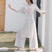Buddha Stones 2Pcs V-neck Embroidery Yoga Clothing Zen Meditation Cotton Linen Top Pants Women's Set