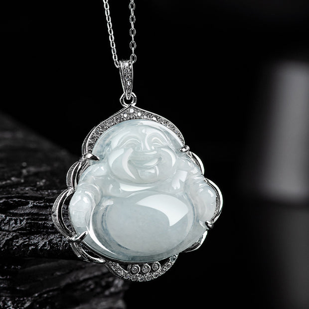 Buddha Stones 925 Sterling Silver Laughing Buddha Natural Jade Abundance Necklace Pendant Necklaces & Pendants BS 1