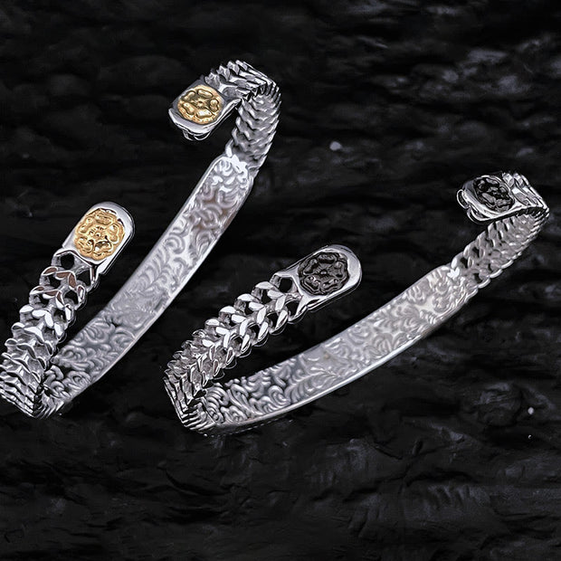 Buddha Stones Tang Dynasty Flower Design Engraved Copper Luck Cuff Bracelet Bangle Adjustable Ring Bracelet Bangle BS 1