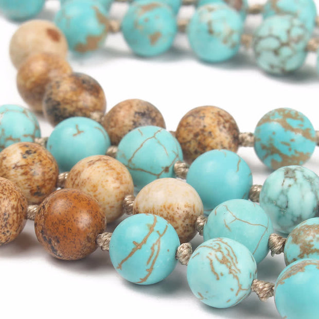 Buddha Stones 108 Mala Beads Turquoise Picture Jasper Wisdom Tassel Bracelet Mala Bracelet BS 2