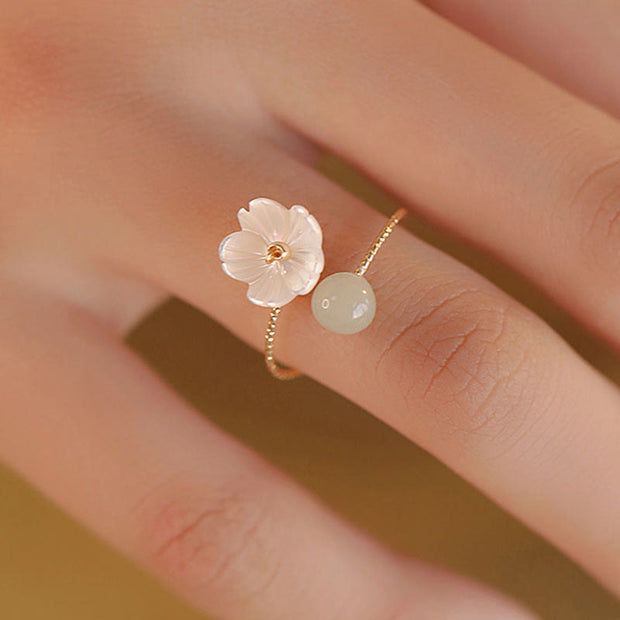 Buddha Stones 14k Gold Plated Round Hetian Jade Tridacna Stone Peach Blossom Flower Butterfly Prosperity Adjustable Ring Ring BS 2