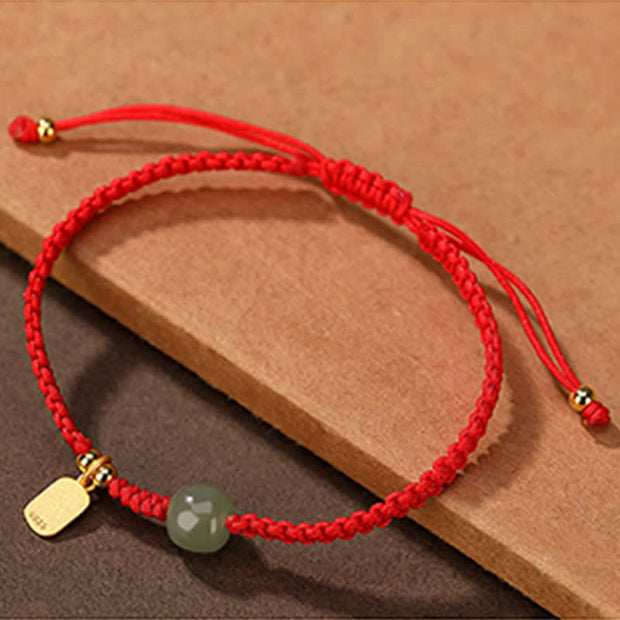 Buddhastoneshop 925 Sterling Silver Hetian Jade Blessing Wealth Red String Bracelet