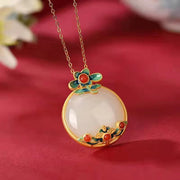 Buddha Stones White Jade Red Agate Flower Blessing Luck Necklace Pendant Necklaces & Pendants BS 2