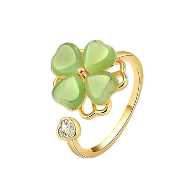 Buddha Stones Cat's Eye Four Leaf Clover Zircon Love Rotatable Ring Ring BS Cat's Eye(Peace♥Support)